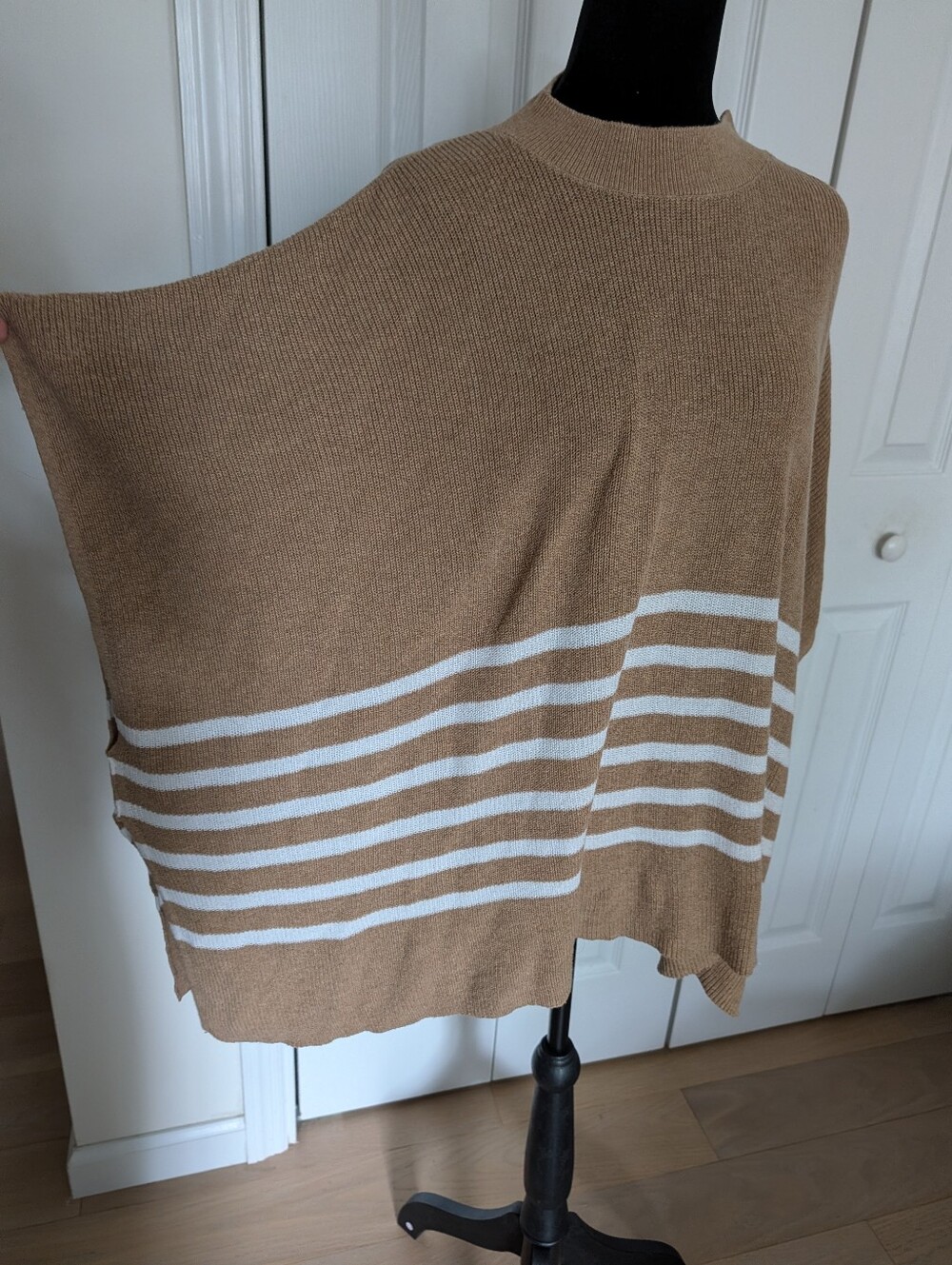 J. Crew Tan and White Striped Poncho Sweater